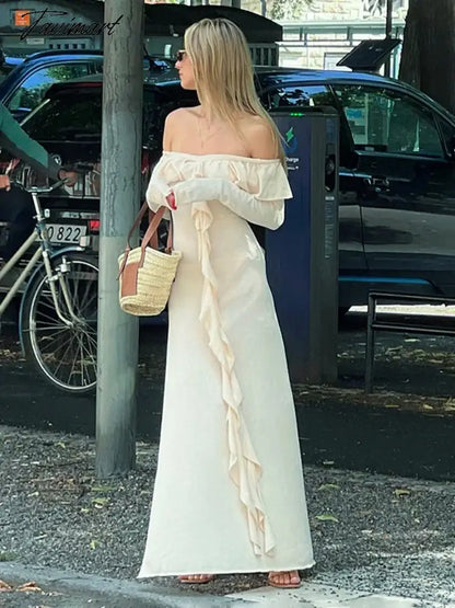 Apricot Slim Long Dress For Women Clothing High Waist Vestidos Elegantes Para Mujer Flounced Edge Slash Neck Autumn Robe Longue
