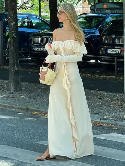 Apricot Slim Long Dress For Women Clothing High Waist Vestidos Elegantes Para Mujer Flounced Edge Slash Neck Autumn Robe Longue