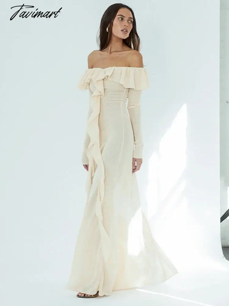Apricot Slim Long Dress For Women Clothing High Waist Vestidos Elegantes Para Mujer Flounced Edge Slash Neck Autumn Robe Longue
