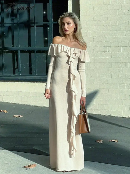 Apricot Slim Long Dress For Women Clothing High Waist Vestidos Elegantes Para Mujer Flounced Edge Slash Neck Autumn Robe Longue