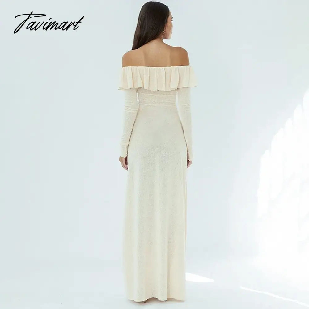Apricot Slim Long Dress For Women Clothing High Waist Vestidos Elegantes Para Mujer Flounced Edge Slash Neck Autumn Robe Longue