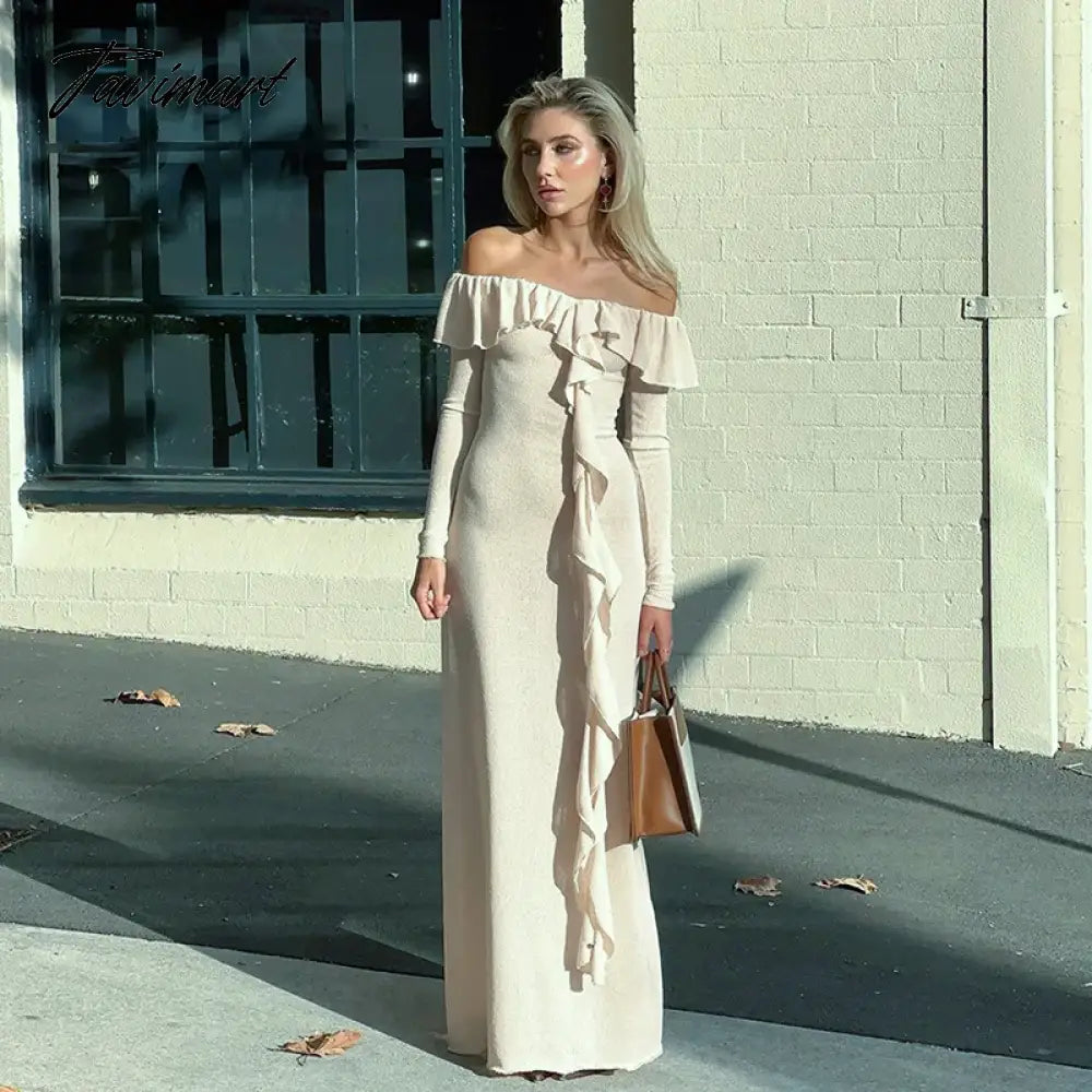 Apricot Slim Long Dress For Women Clothing High Waist Vestidos Elegantes Para Mujer Flounced Edge Slash Neck Autumn Robe Longue