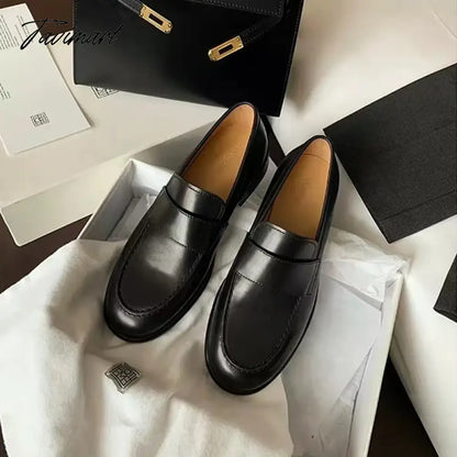Autumn and Winter New Maillard British Style One Step Lazy Man Genuine Leather Small Thick Heel Lefu Single Shoe Girl