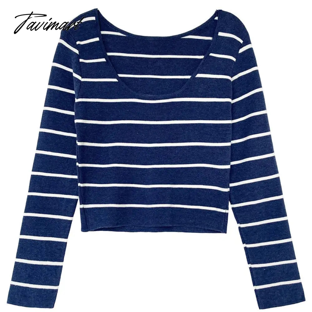 Autumn Big round Neck Striped Women's Short Exposed Collarbone Deep Neckline Slim-Fit Bottoming Shirt Fashion Sexy Sweater