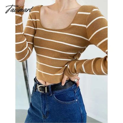 Autumn Big round Neck Striped Women's Short Exposed Collarbone Deep Neckline Slim-Fit Bottoming Shirt Fashion Sexy Sweater
