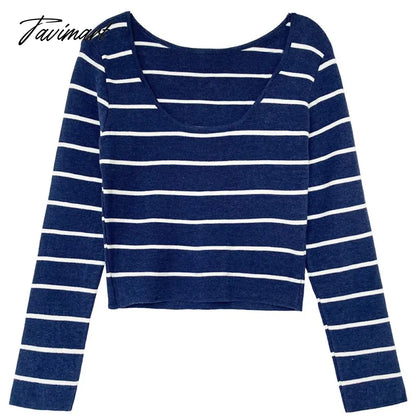 Autumn Big round Neck Striped Women's Short Exposed Collarbone Deep Neckline Slim-Fit Bottoming Shirt Fashion Sexy Sweater