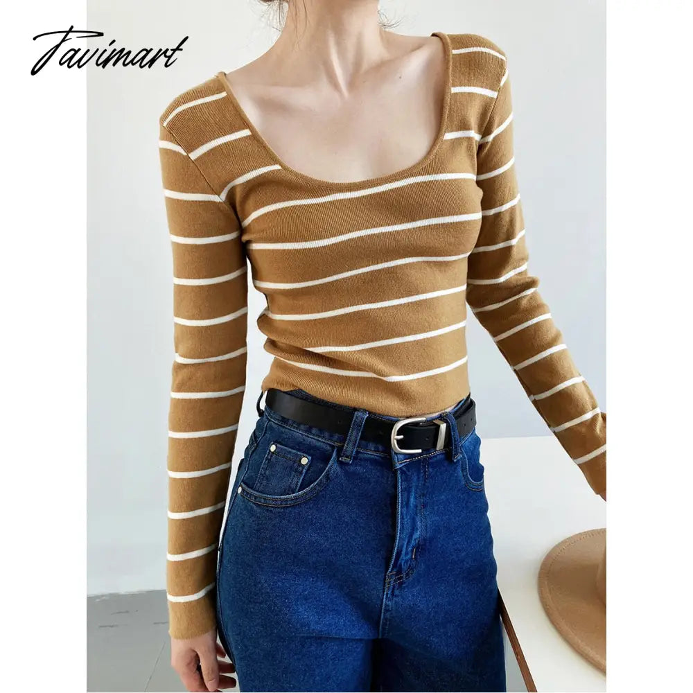 Autumn Big round Neck Striped Women's Short Exposed Collarbone Deep Neckline Slim-Fit Bottoming Shirt Fashion Sexy Sweater