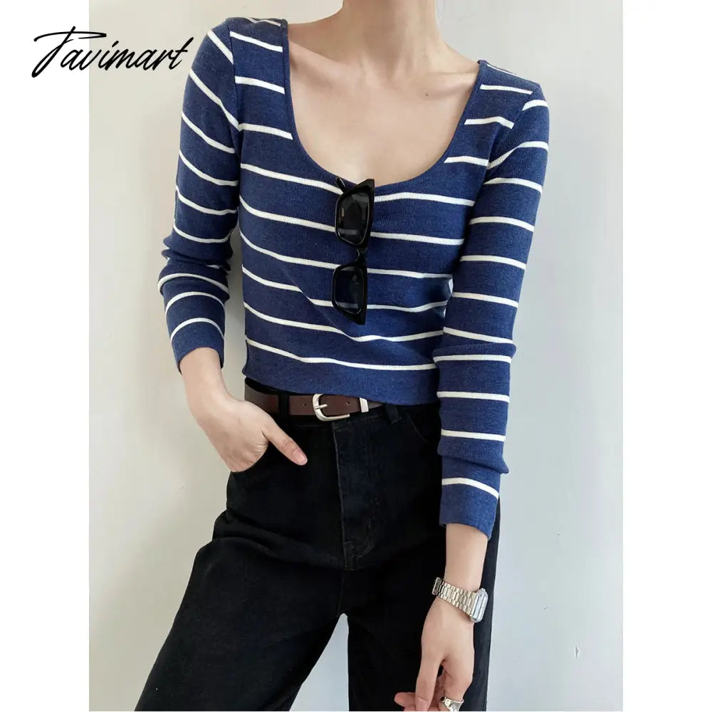 Autumn Big round Neck Striped Women's Short Exposed Collarbone Deep Neckline Slim-Fit Bottoming Shirt Fashion Sexy Sweater