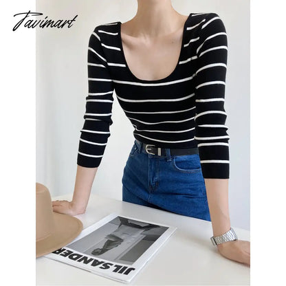 Autumn Big round Neck Striped Women's Short Exposed Collarbone Deep Neckline Slim-Fit Bottoming Shirt Fashion Sexy Sweater