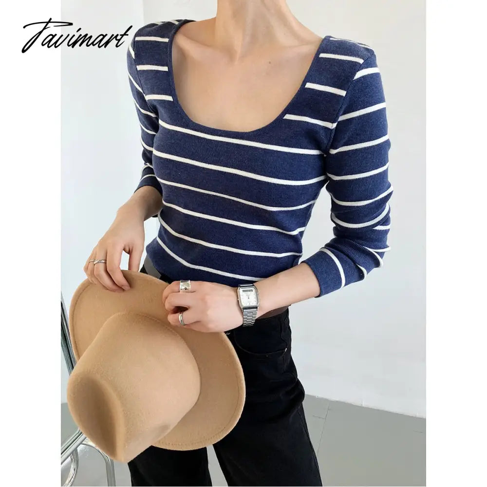 Autumn Big round Neck Striped Women's Short Exposed Collarbone Deep Neckline Slim-Fit Bottoming Shirt Fashion Sexy Sweater