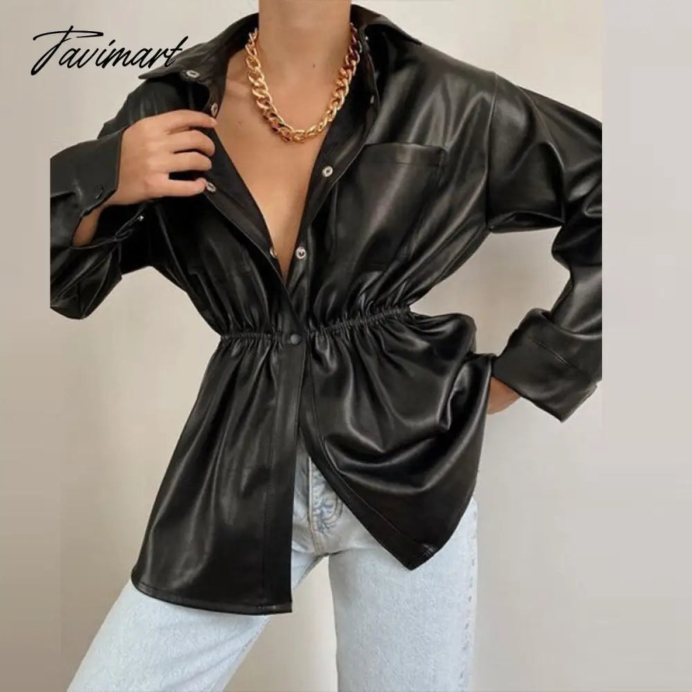 Autumn Elegant High Street Solid Color Coats Ladies Warm Button Lapel Shirt Tops Fashion Slim Elastic Waist Women Leather Jacket
