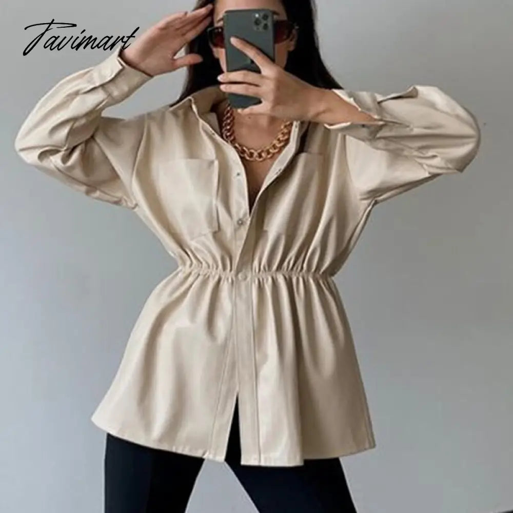 Autumn Elegant High Street Solid Color Coats Ladies Warm Button Lapel Shirt Tops Fashion Slim Elastic Waist Women Leather Jacket