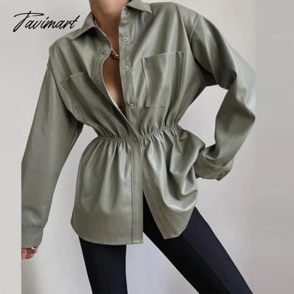 Autumn Elegant High Street Solid Color Coats Ladies Warm Button Lapel Shirt Tops Fashion Slim Elastic Waist Women Leather Jacket