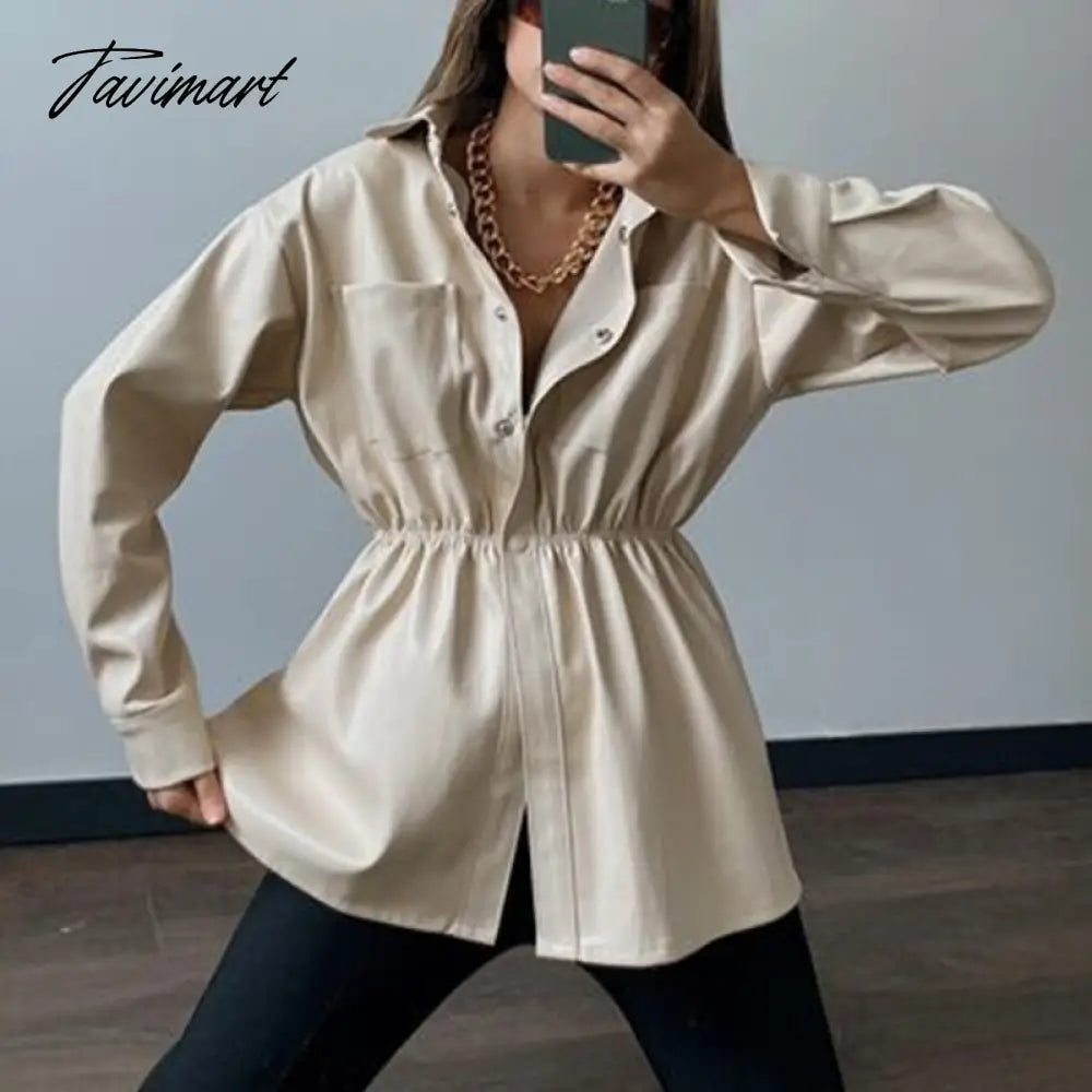 Autumn Elegant High Street Solid Color Coats Ladies Warm Button Lapel Shirt Tops Fashion Slim Elastic Waist Women Leather Jacket