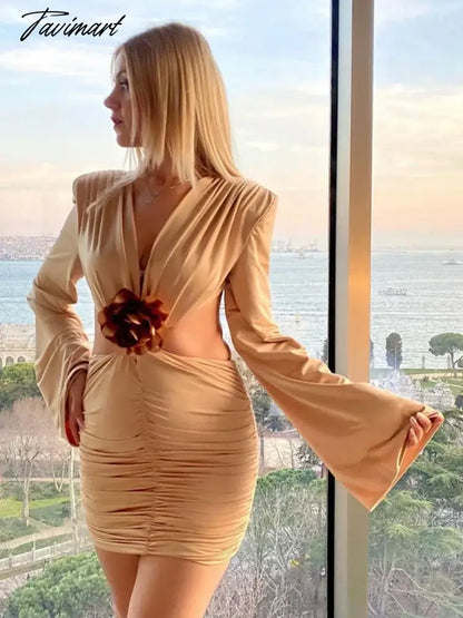 Autumn Elegant Party Evening Mini Dresses for Women Tie Flowers Patchwork Backless Sexy Bodycon Dress Long Sleeve Pleated Dress