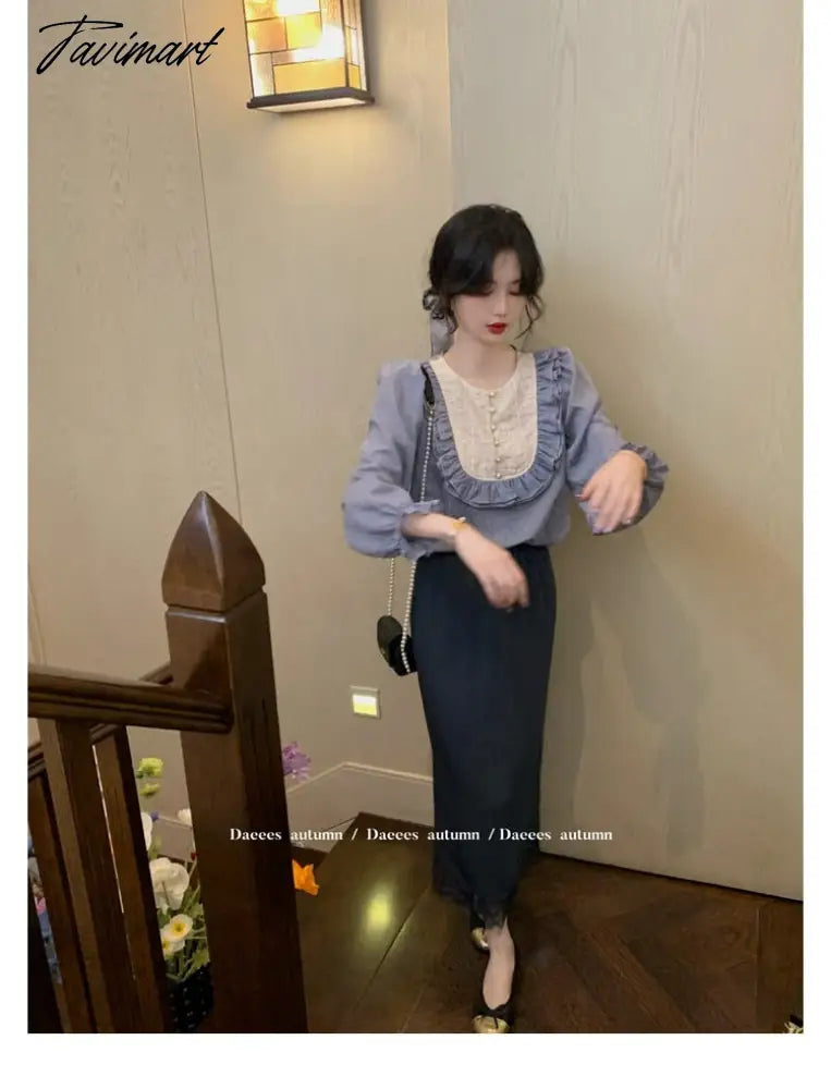 Autumn French Vintage Two Piece Set Women Patchwork Striped Party Midi Skirt Suit Female Long Sleeve Bow Elegant Skirt Set