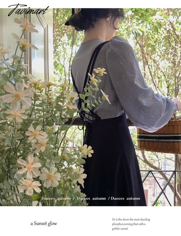 Autumn French Vintage Two Piece Set Women Patchwork Striped Party Midi Skirt Suit Female Long Sleeve Bow Elegant Skirt Set