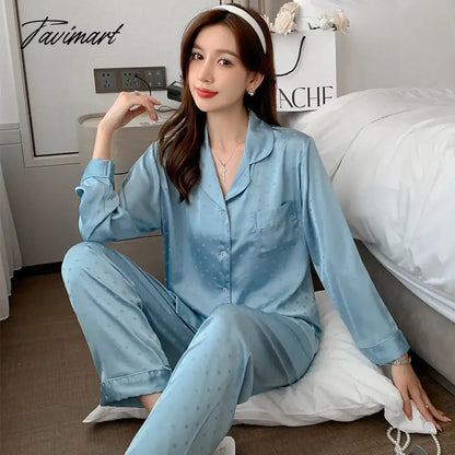 Autumn ice silk jacquard long sleeve pants thin pajamas women solid color casual sexy cardigan pocket suit home clothing women
