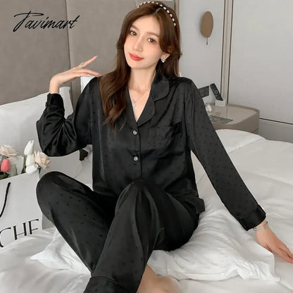 Autumn ice silk jacquard long sleeve pants thin pajamas women solid color casual sexy cardigan pocket suit home clothing women