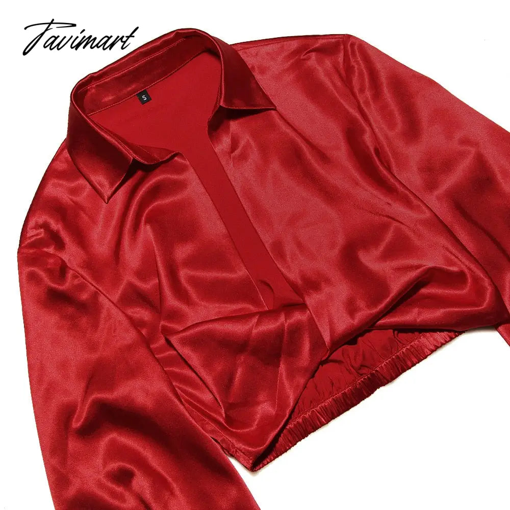 Autumn Lantern Sleeve Women Shirts Sexy Cropped Red Turn Down Collar Chic Blouse New Arrivals