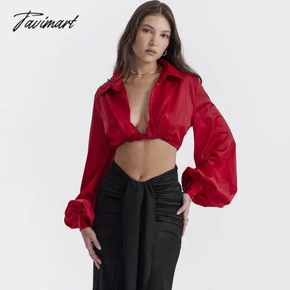 Autumn Lantern Sleeve Women Shirts Sexy Cropped Red Turn Down Collar Chic Blouse New Arrivals