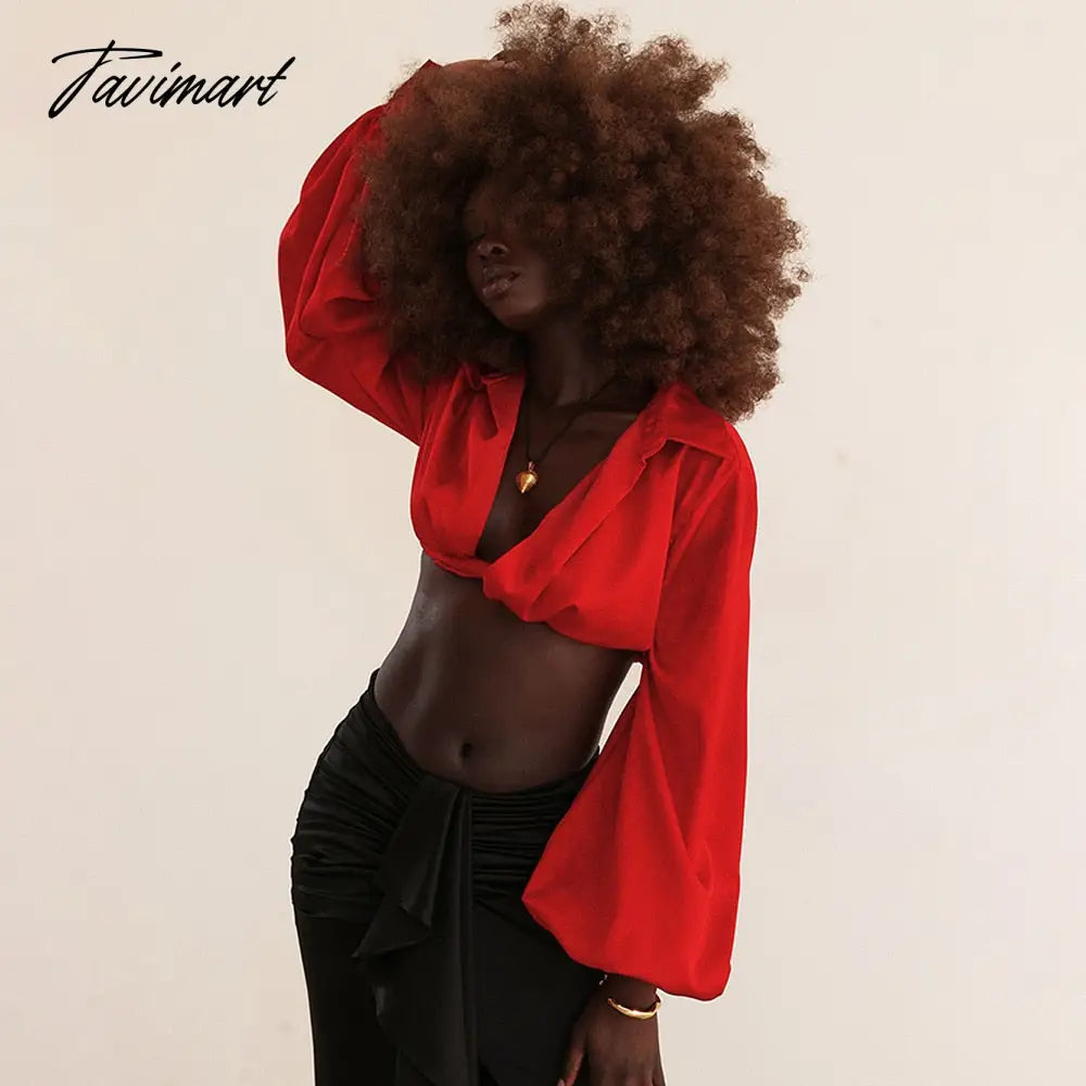 Autumn Lantern Sleeve Women Shirts Sexy Cropped Red Turn Down Collar Chic Blouse New Arrivals