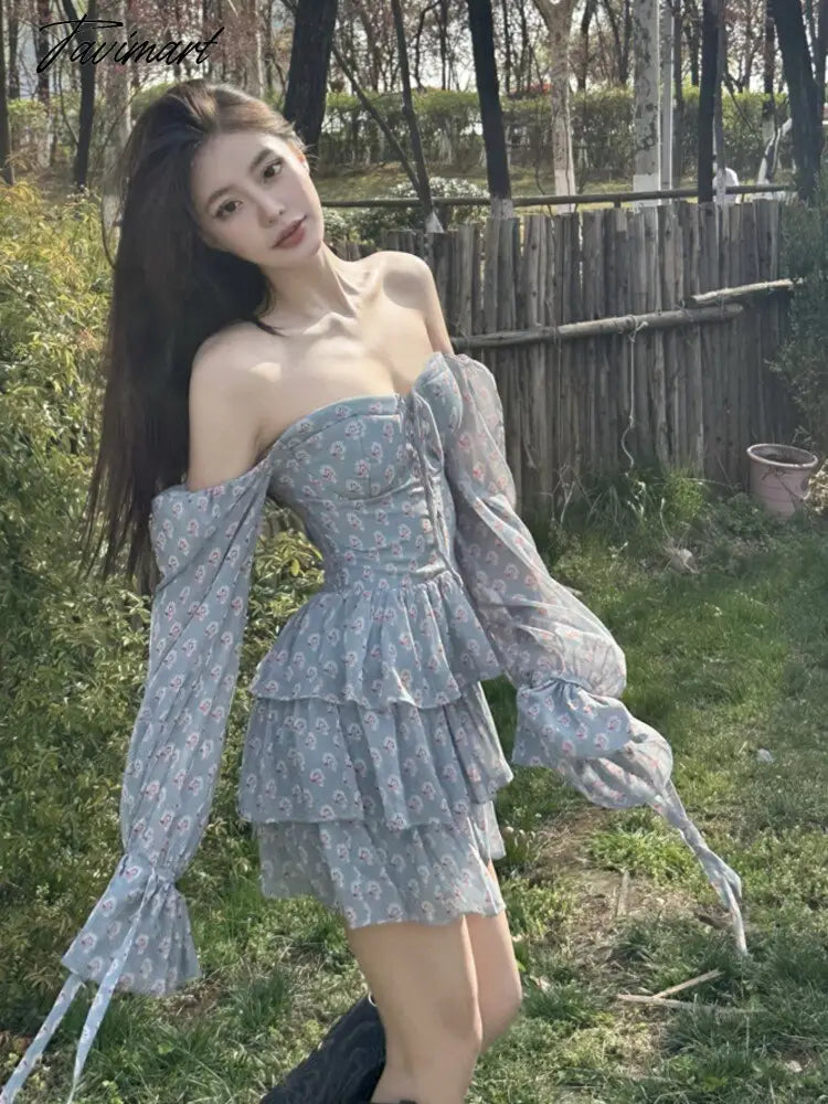 Autumn Long Sleeve Elegant Print Casual Dress Women Sweet Off Shoulder Sweet Korean Tierred Dress Lady Holiday Beach Dress