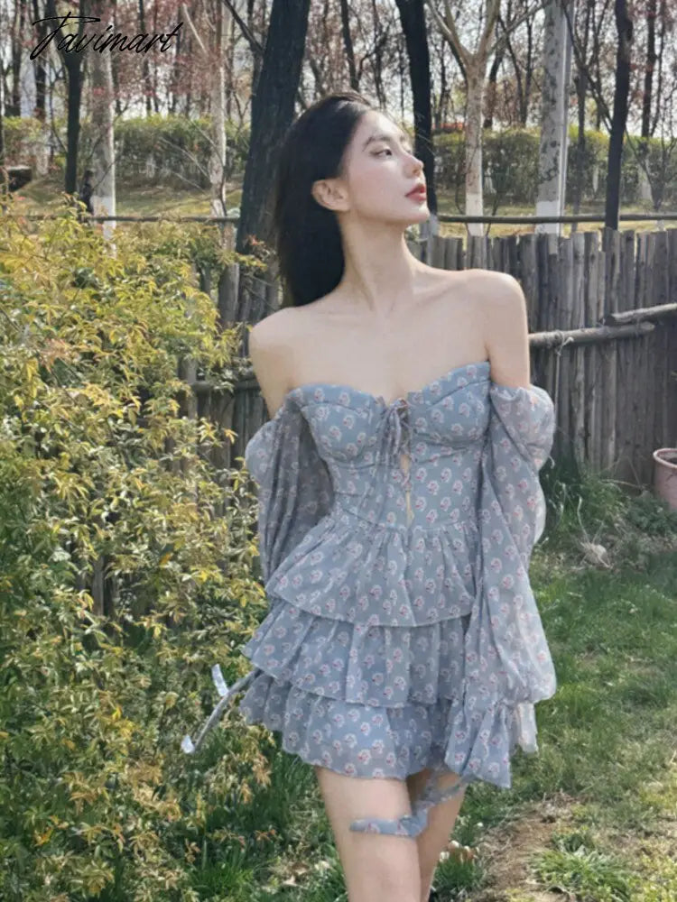 Autumn Long Sleeve Elegant Print Casual Dress Women Sweet Off Shoulder Sweet Korean Tierred Dress Lady Holiday Beach Dress
