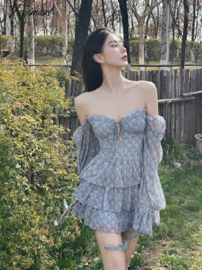 Autumn Long Sleeve Elegant Print Casual Dress Women Sweet Off Shoulder Sweet Korean Tierred Dress Lady Holiday Beach Dress