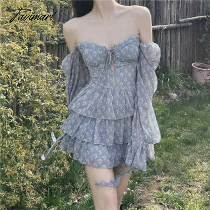Autumn Long Sleeve Elegant Print Casual Dress Women Sweet Off Shoulder Sweet Korean Tierred Dress Lady Holiday Beach Dress