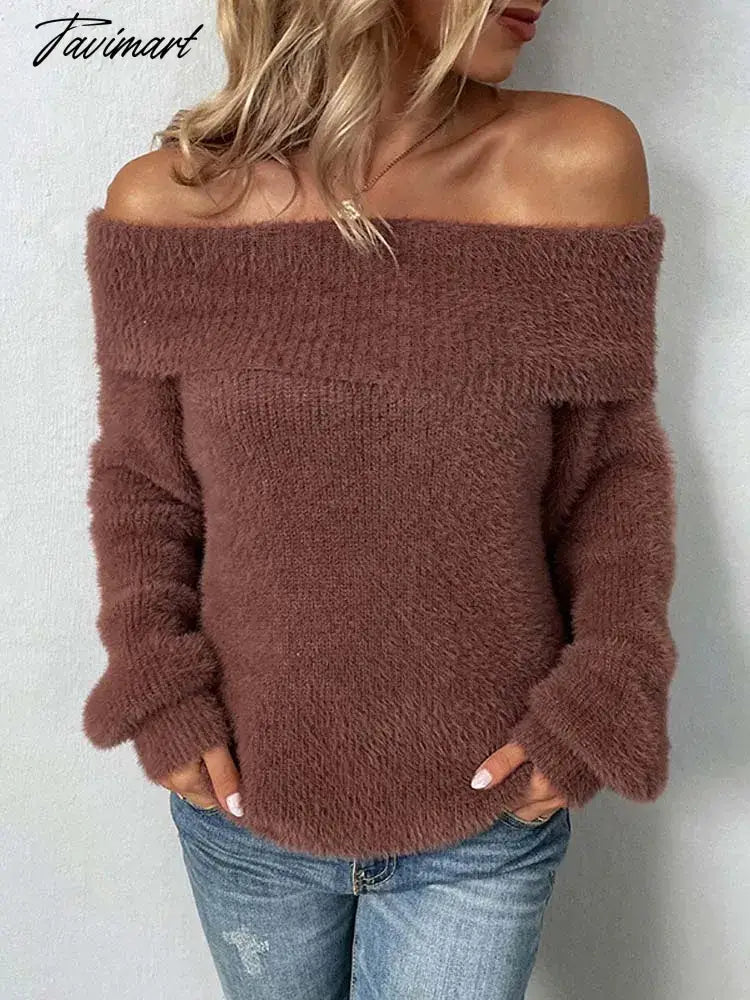 Autumn Off Shoulder Sweater Women Winter Jumper Sweater Pullover Women Lantern Sleeve Loose Knitted Sweater For Women