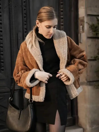 Autumn Retro Suede Long Sleeves Warm Coats Women New Loose Solid Color Jackets Streetwear Fashion Casual Casacos Mujer