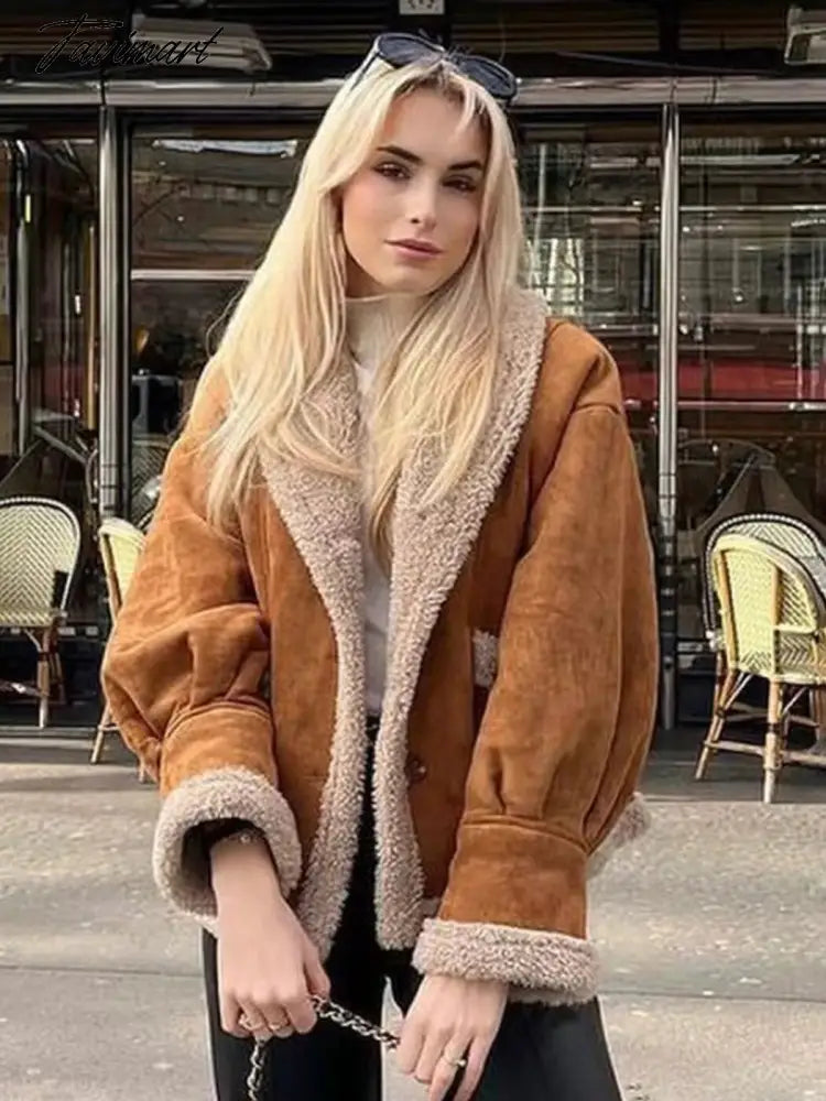 Autumn Retro Suede Long Sleeves Warm Coats Women New Loose Solid Color Jackets Streetwear Fashion Casual Casacos Mujer