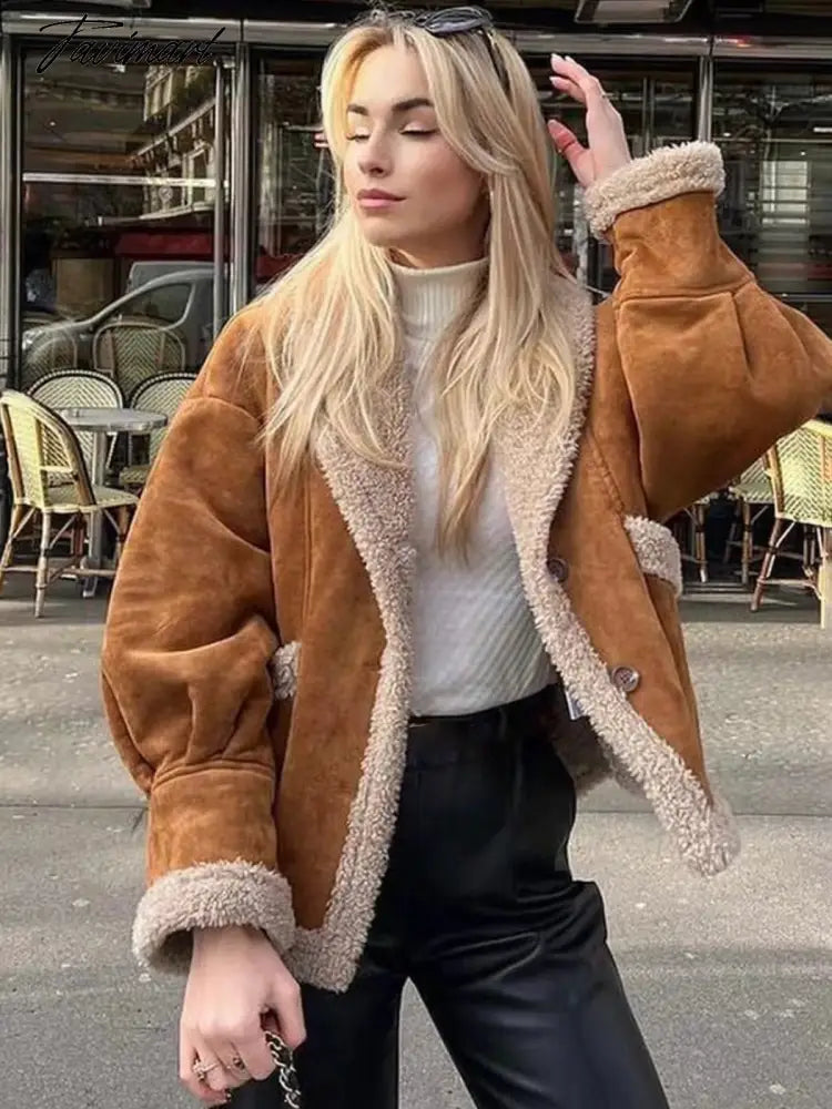Autumn Retro Suede Long Sleeves Warm Coats Women New Loose Solid Color Jackets Streetwear Fashion Casual Casacos Mujer