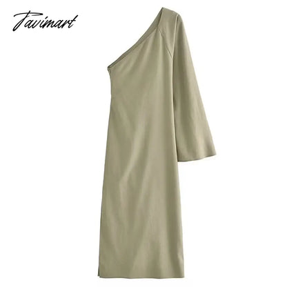 Autumn Sexy One Shoulder Long Sleeve Linen Blending Dresses Elegant Backless Slit Bodycon Dress Pleated Robe