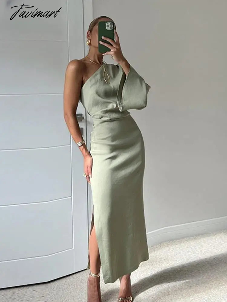 Autumn Sexy One Shoulder Long Sleeve Linen Blending Dresses Elegant Backless Slit Bodycon Dress Pleated Robe