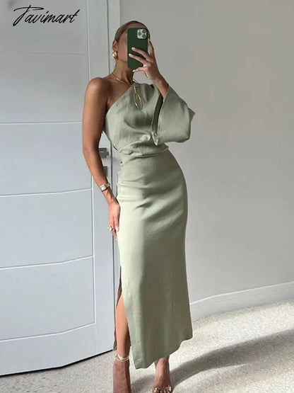 Autumn Sexy One Shoulder Long Sleeve Linen Blending Dresses Elegant Backless Slit Bodycon Dress Pleated Robe