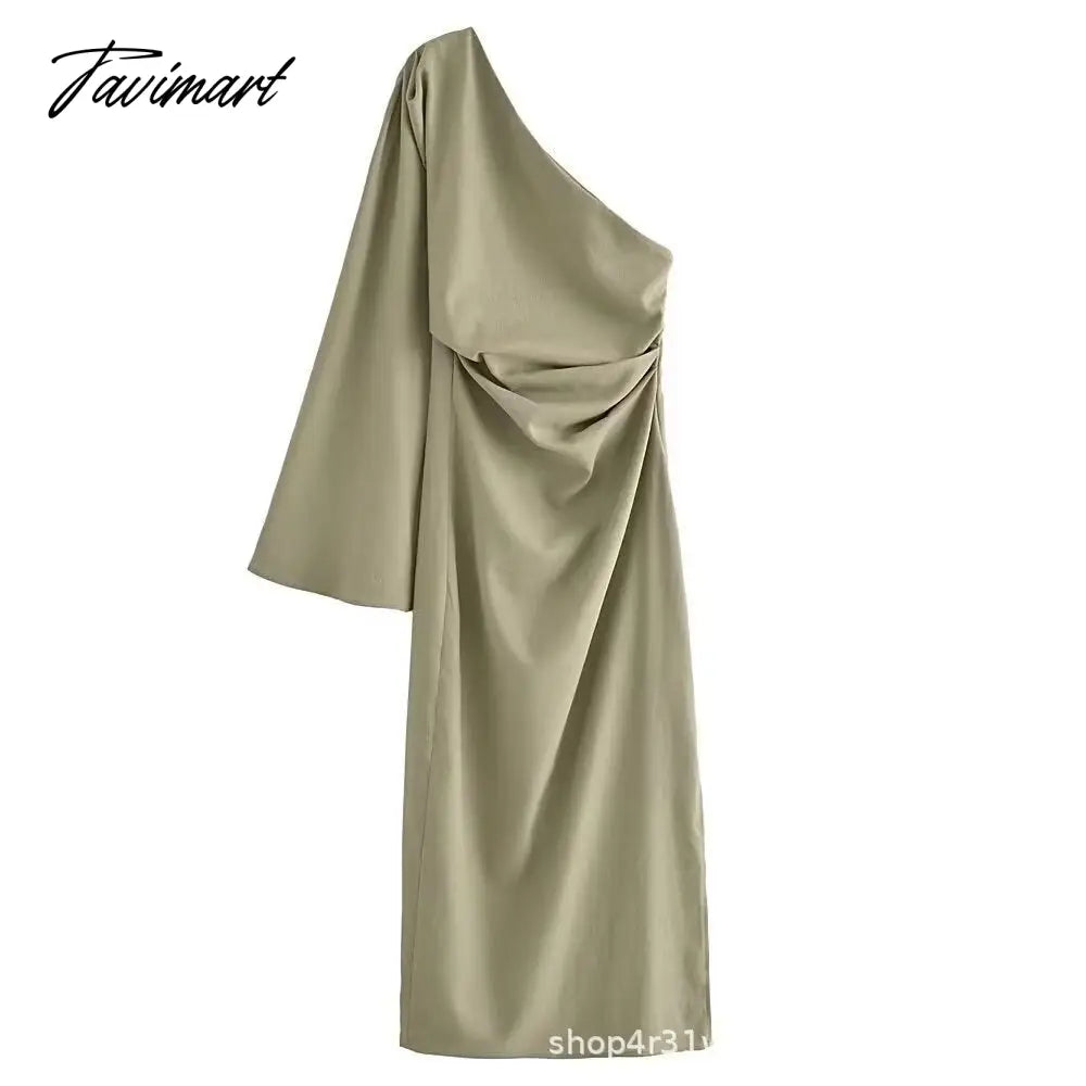 Autumn Sexy One Shoulder Long Sleeve Linen Blending Dresses Elegant Backless Slit Bodycon Dress Pleated Robe