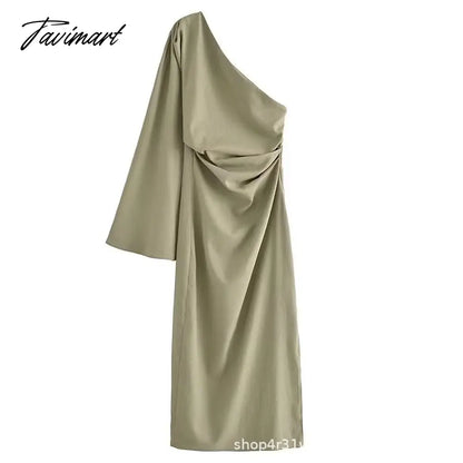 Autumn Sexy One Shoulder Long Sleeve Linen Blending Dresses Elegant Backless Slit Bodycon Dress Pleated Robe