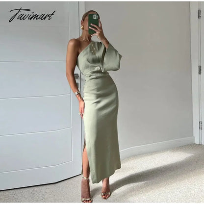 Autumn Sexy One Shoulder Long Sleeve Linen Blending Dresses Elegant Backless Slit Bodycon Dress Pleated Robe