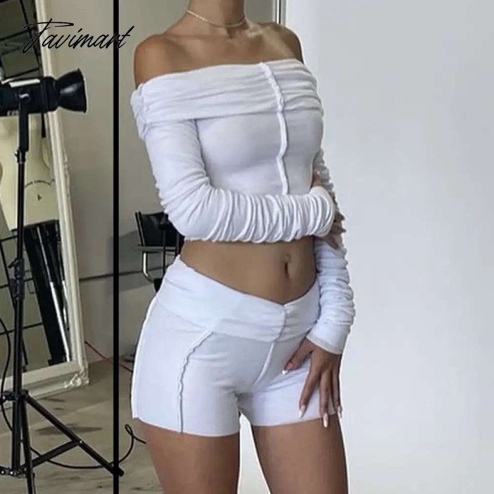 Autumn Solid 2 Piece Shorts Set Women Off Shoulder Ruched Crop Tops And Shorts Suits Y2K Streetwear Night Club Outfits