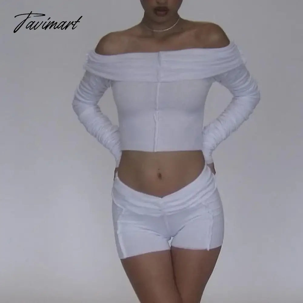 Autumn Solid 2 Piece Shorts Set Women Off Shoulder Ruched Crop Tops And Shorts Suits Y2K Streetwear Night Club Outfits