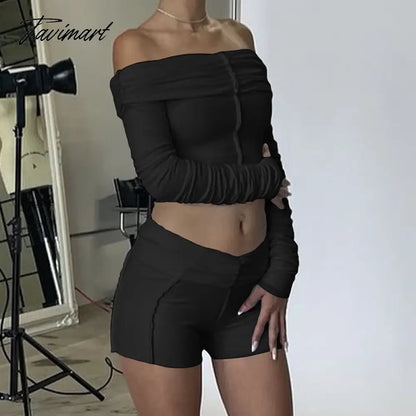 Autumn Solid 2 Piece Shorts Set Women Off Shoulder Ruched Crop Tops And Shorts Suits Y2K Streetwear Night Club Outfits
