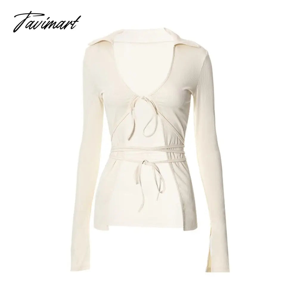 Autumn Trend T-shirt Women Sweater Tops Sexy Lace Up Slim Cardigan Cropped Female Streetwear Y2K Tops Tee Shirts