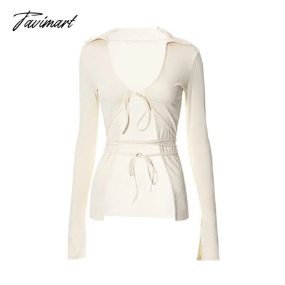 Autumn Trend T-shirt Women Sweater Tops Sexy Lace Up Slim Cardigan Cropped Female Streetwear Y2K Tops Tee Shirts