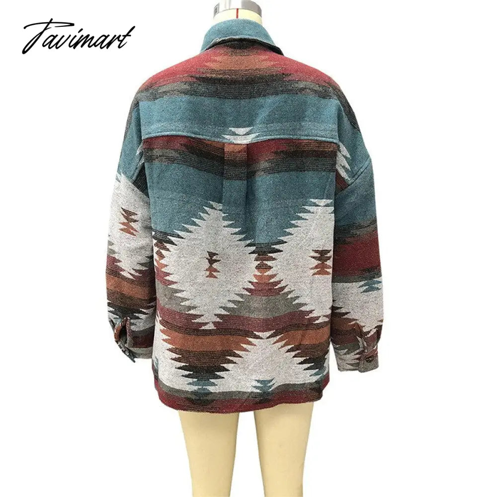 Autumn Winter Fashion New Coat Vintage Retro Ethnic Geometric Print long-sleeved Cardigan Woolen Coat Women