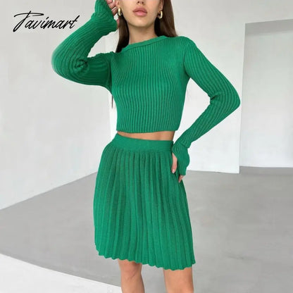 Autumn Winter Green Knitted Skirt 2 Pieces Sets Women Suits Long Sleeve Slim Crop Top Sweater and Pleated Skirt Matching Sets