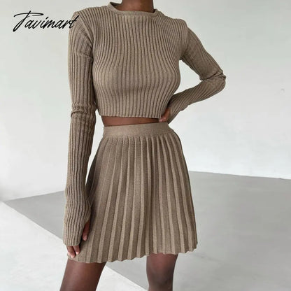 Autumn Winter Green Knitted Skirt 2 Pieces Sets Women Suits Long Sleeve Slim Crop Top Sweater and Pleated Skirt Matching Sets