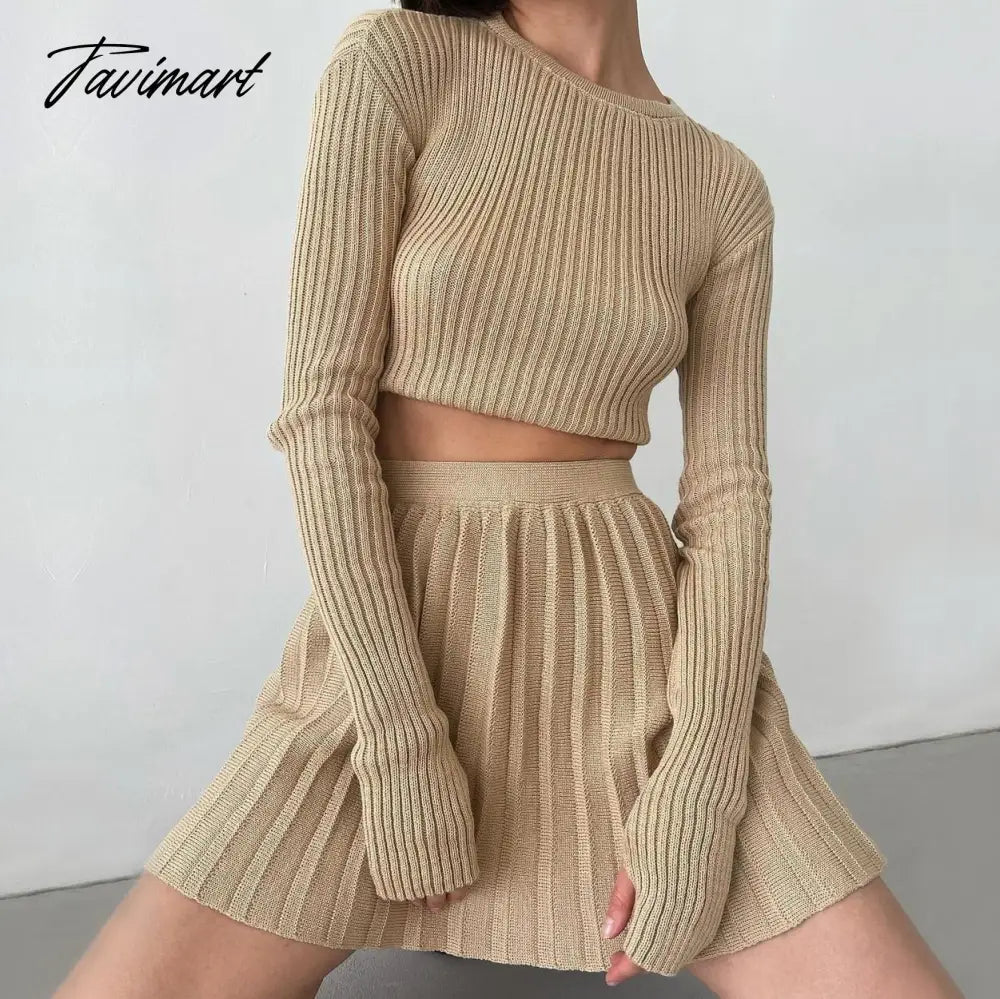 Autumn Winter Green Knitted Skirt 2 Pieces Sets Women Suits Long Sleeve Slim Crop Top Sweater and Pleated Skirt Matching Sets