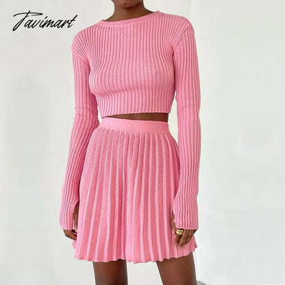 Autumn Winter Green Knitted Skirt 2 Pieces Sets Women Suits Long Sleeve Slim Crop Top Sweater and Pleated Skirt Matching Sets